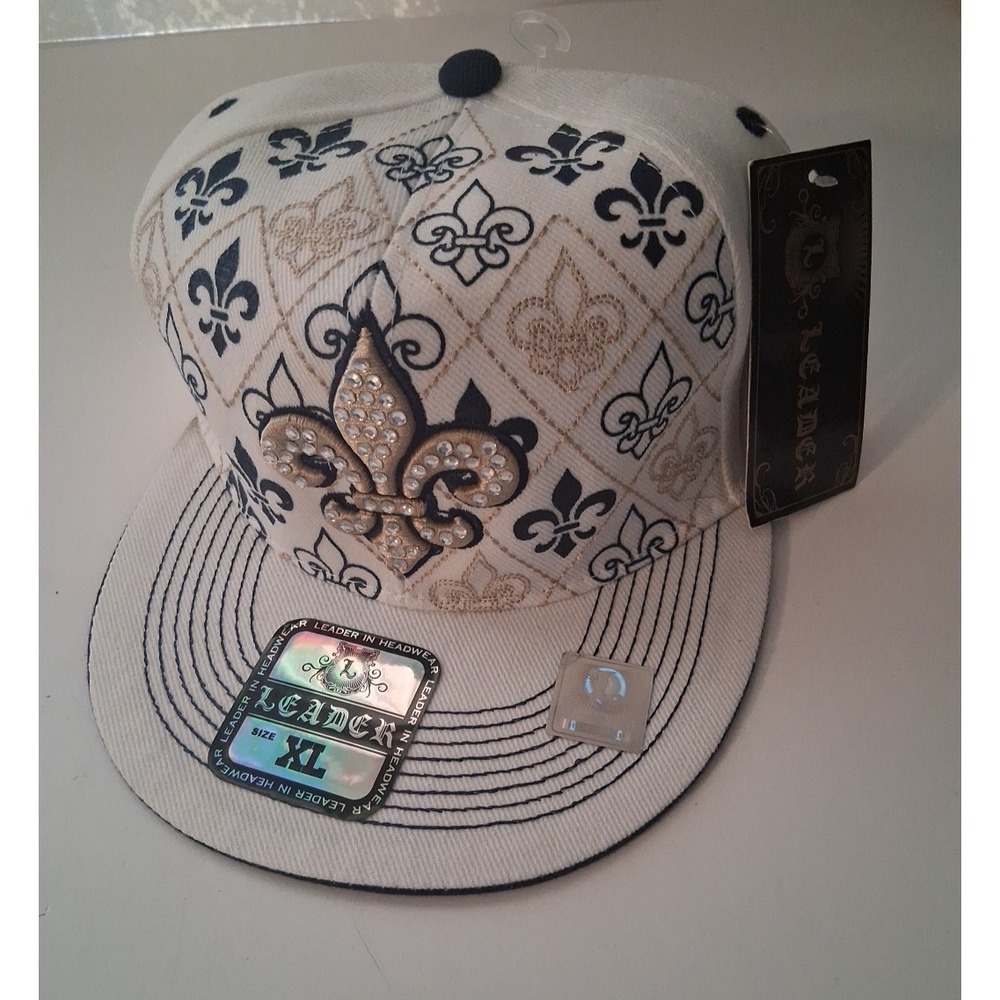 Leader Hat Cap Distressed Crystal Studded Fleur De Lis Graphic Women's XL New